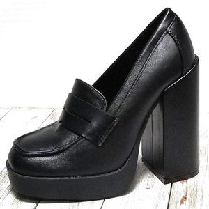 New Black Square Toe Platform Penny Loafers Chunky Heels